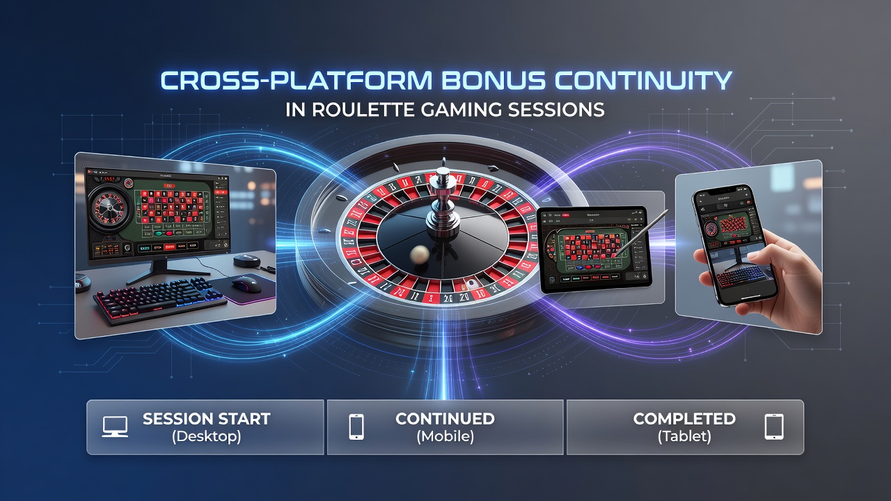 Illustration von vernetzten Roulette-Sessions mit Bonusfluss über mobile und stationäre Geräte
