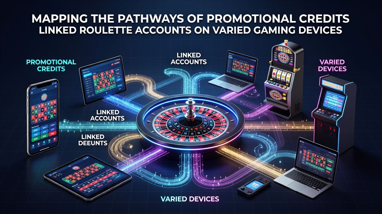 Visualisierung der Verknüpfung von Roulette-Konten über Desktop, Tablet und Smartphone hinweg mit dargestellten Guthabenflüssen