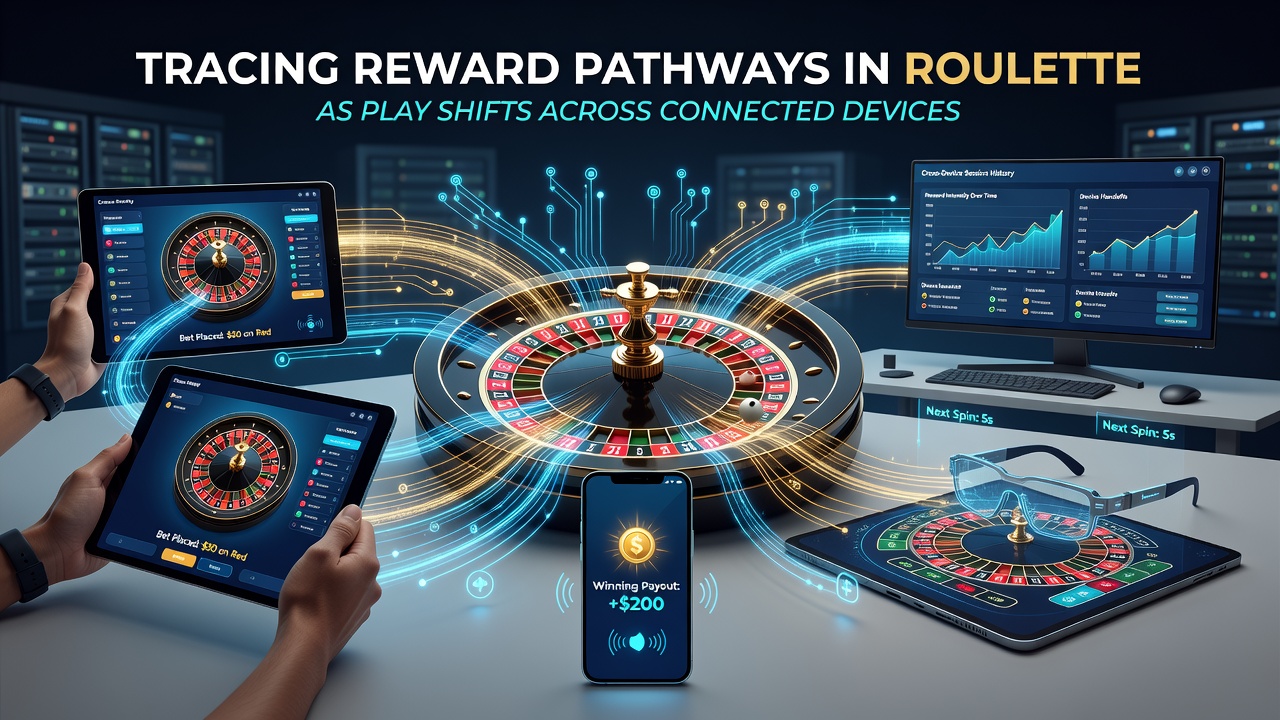 Network diagram illustrating reward pathways between mobile tablet and desktop roulette sessions